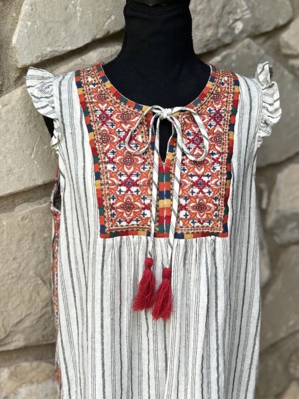 Savanna Jane Tunic Top Large Striped Floral Embroidery Sleeveless Excellent - Picture 2 of 11